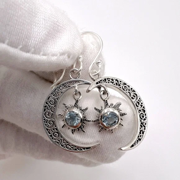 Genuine Blue Topaz .925 Sterling Silver Moon and Sun Earrings - Picture 10 of 14